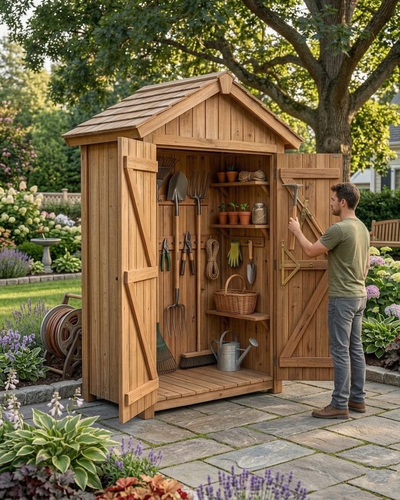 May include: A tall, vertical wooden garden storage shed with double doors, featuring a gabled roof and interior shelving. The shed contains various gardening tools, including shovels, rakes, a wicker basket, and a metal watering can, organized on hooks and shelves.