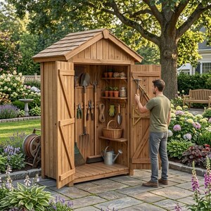 May include: A wooden garden storage shed with double doors, featuring interior shelving and wall-mounted hooks for tools. The structure has a gabled roof and is organized with various gardening implements, a woven basket, and a metal watering can.