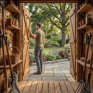May include: A wooden garden shed with open double doors, featuring interior shelves lined with terracotta pots, a woven basket, and a metal watering can. Long-handled gardening tools like shovels, rakes, and forks are stored on the side walls.