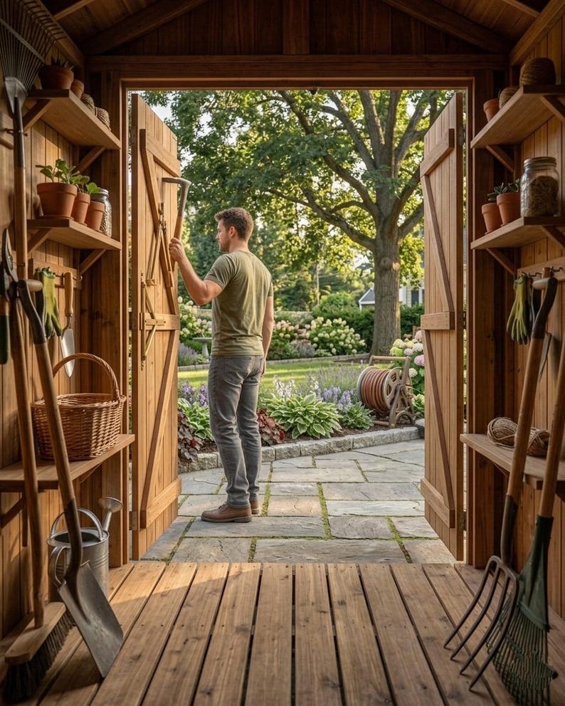 May include: A wooden garden shed with open double doors, featuring interior shelves lined with terracotta pots, a woven basket, and a metal watering can. Long-handled gardening tools like shovels, rakes, and forks are stored on the side walls.