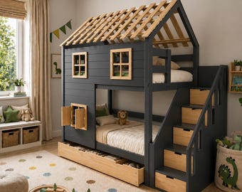Modern Cabin Bunk Bed Plans | DIY Storage Stairs, Trundle Blueprint (PDF Download)