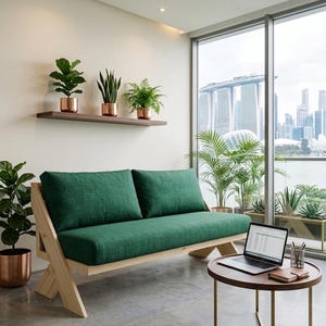 May include: A two-seater sofa with a light wood frame and dark green fabric cushions, positioned next to a round wooden coffee table with a laptop, a notebook, and a pen holder, with several potted plants on a wall shelf and the floor.