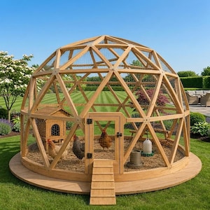 Puede incluir: Un gallinero en forma de cúpula geodésica construido con un marco de madera clara y malla de alambre. La estructura cuenta con una puerta central con una rampa de madera, una pequeña caja nido de madera en el interior y dos gallinas sobre virutas.