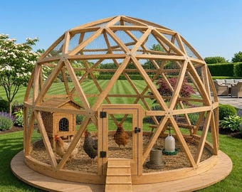 May include: A geodesic dome chicken coop constructed from light-colored wood framing and wire mesh. The structure features a central door with a wooden ramp, a small wooden nesting box inside, and two chickens standing on a wood chip floor.
