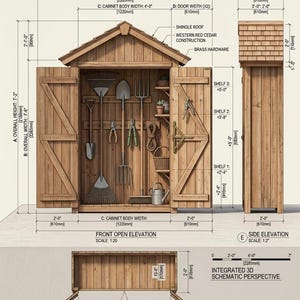 May include: A technical architectural drawing of a wooden garden storage cabinet with double doors, featuring a shingle roof and brass hardware. The diagram includes front, side, and top views with dimensions in feet, inches, and millimeters.
