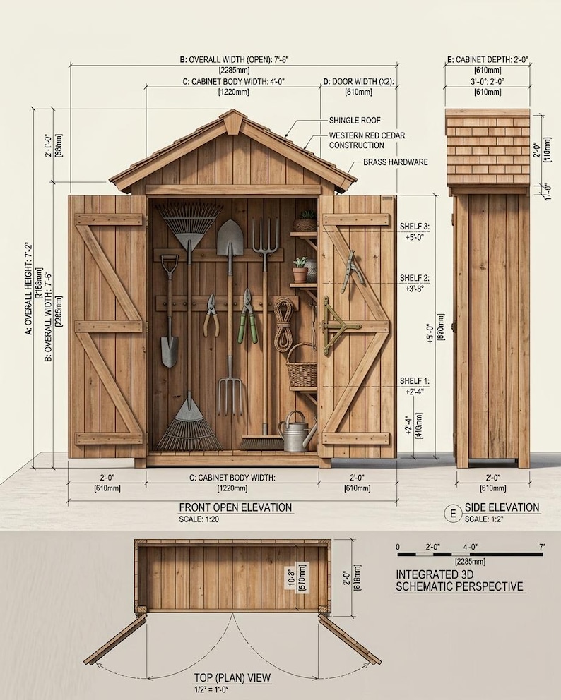 May include: A technical architectural drawing of a wooden garden storage cabinet with double doors, featuring a shingle roof and brass hardware. The diagram includes front, side, and top views with dimensions in feet, inches, and millimeters.