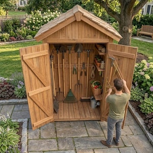 May include: A wooden garden shed with double doors, featuring a gabled roof and interior shelving. The shed contains various long-handled gardening tools, including rakes, shovels, and forks, organized on wall mounts, along with a small basket of produce.