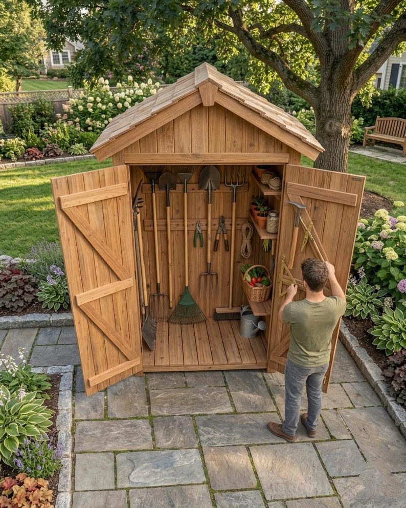 May include: A wooden garden shed with double doors, featuring a gabled roof and interior shelving. The shed contains various long-handled gardening tools, including rakes, shovels, and forks, organized on wall mounts, along with a small basket of produce.