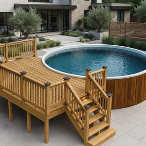 Könnte beinhalten: Ein runder Aufstellpool mit weißem Rand und dunkelblauem Wasser, umgeben von einer hellbraunen Holzterrasse. Die Terrasse verfügt über Geländer mit vertikalen Stäben, eine Treppe mit integrierter Beleuchtung und stabile Stützpfosten.