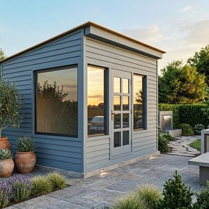 May include: A blue shed with a light brown roof and trim, featuring large windows and a double door. The shed is surrounded by greenery, including potted plants and a small waterfall. The patio is made of gray stone.