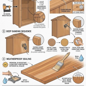May include: An instructional diagram illustrating wood finishing steps for a small wooden structure. It details using a brad nailer, applying tinted wood filler to countersunk holes, sanding with 120 and 220-grit disks, and sealing with exterior oil.