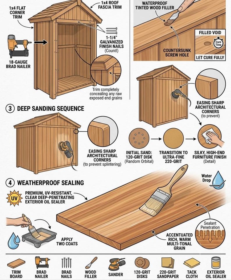 May include: An instructional diagram illustrating wood finishing steps for a small wooden structure. It details using a brad nailer, applying tinted wood filler to countersunk holes, sanding with 120 and 220-grit disks, and sealing with exterior oil.