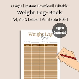 Simple Weight Tracker Printable, Weight Log Template, Instant Download PDF, Weight Loss Planner, Weight Record Tracker