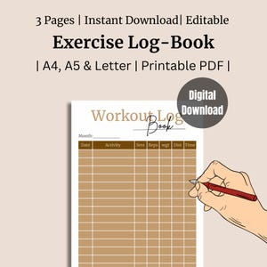 Op de afbeelding: Een printbaar workout-logboek met een bruin en wit kleurenschema. Het logboek heeft kolommen voor datum, activiteit, sets, herhalingen, gewicht, afstand en tijd. De tekst "Workout Log Book" staat bovenaan de pagina.