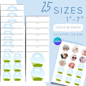 May include: Printable templates in various sizes, ranging from 2.5 cm to 17.8 cm, with a sky and landscape design. The image includes the text "25 SIZES" and "VALUE BUNDLES". The templates are designed for US Letter and A4 size paper.