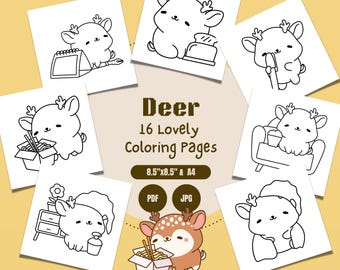 Cute Deer Coloring Book | 16 Pages, Kids Activity (Digital Download)