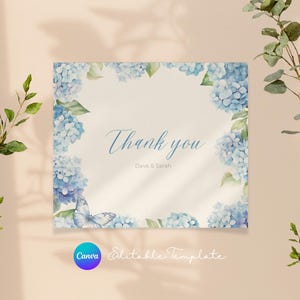 Cartão de agradecimento com hortênsias | Modelo editável do Canva | Cartão plano e dobrado com flores silvestres azuis | Cartão de agradecimento de casamento | Cartão de felicitações