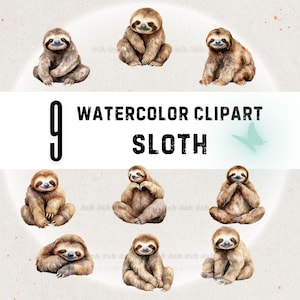 Colección de 9 imágenes prediseñadas de perezosos en acuarela (parte 1) / Imágenes prediseñadas de animales kawaii / Imprimibles / Descarga digital JPG PNG de alta calidad