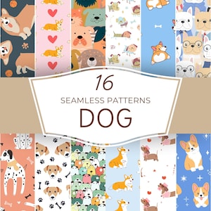 16 犬 (パート 1) シームレス パターン背景 | クリップ アート | 印刷可能 | 高品質 JPG PNG デジタル ダウンロード