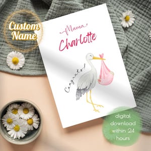 Cartão de Parabéns para Mamãe Bebê | Entrega da Stork | Download Instantâneo | Nome Personalizado em Aquarela | Download Digital em PDF de Alta Qualidade