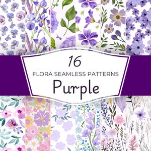 May include: A collection of 16 purple floral seamless patterns. The patterns feature various flowers, leaves, and abstract designs in shades of purple, pink, and white.