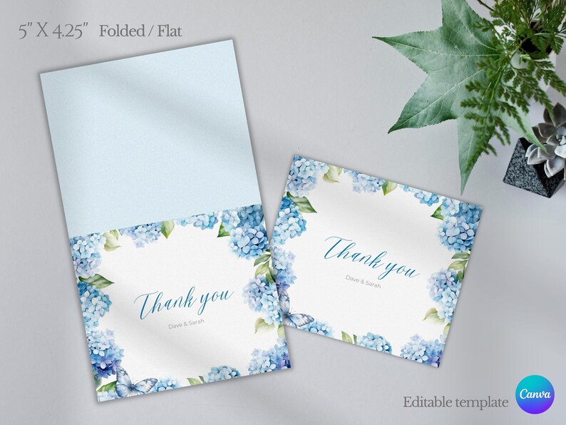 Hydrangea Thank You Card Template: Blue Wildflower Design (editable ...