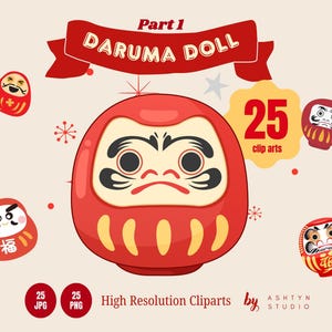 Puede incluir: Ilustración digital de muñecas Daruma, amuletos japoneses tradicionales. La muñeca principal es roja con rasgos faciales negros. La imagen incluye el texto "Part 1 Daruma Doll" y "25 clip arts".