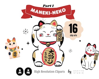 May include: A digital illustration featuring three Maneki-Neko lucky cat clip arts. The central cat is white with black and gold markings, holding a gold coin. The image includes the text "Part 1 MANEKI-NEKO" and "16 clip arts".