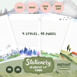 Papelería con paisajes de acuarela / 16 páginas / Hoja para escribir cartas / Imprimible / Descarga digital JPG PNG de alta calidad