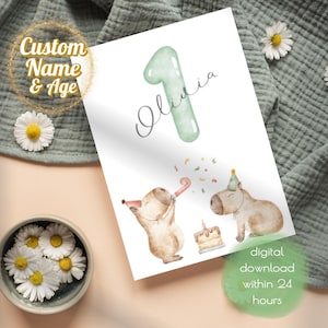 Cartão de aniversário personalizado com nome e idade | Para impressão | Download instantâneo | Capivara em aquarela | Download digital em PDF de alta qualidade