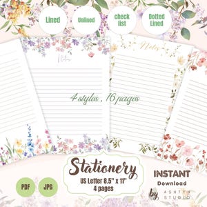 Papelería con diseño de flores silvestres / 16 páginas, 4 estilos / Hoja para escribir cartas / Imprimible / Descarga digital JPG PNG de alta calidad