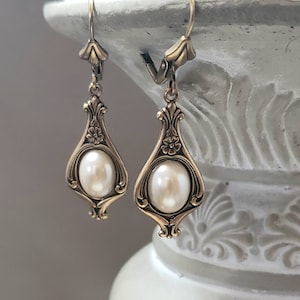 Edwardian Pearl Earrings - Edwardian Style Jewelry - Alfons Mucha - Art Nouveau Drop Earrings - Gilded Age