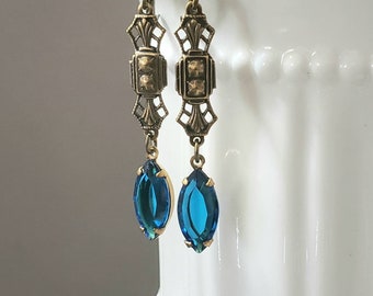 Capri Blue Edwardian Earrings - 1920s Art Deco Jewelry - Vintage Inspired Earrings - Flapper Jewelry - 1920s Vintage Style