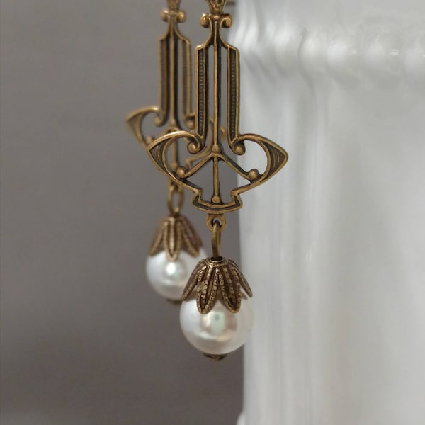 Pearl Art Deco Earrings - Art Deco Jewelry - 1920s Wedding - Bridal Handmade Earrings - Edwardian Jewelry - Vintage Style