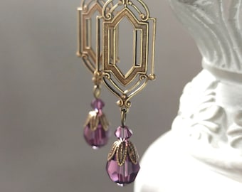 Purple Crystal Earrings - 1920s Art Deco Jewelry - Purple Bridal Earrings - Flapper Jewelry - 1920s Vintage Style