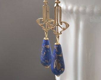 Blue and Gold Art Deco Earrings - 1920s Art Deco Jewelry - Egyptian Revival Jewelry - 1920s Earrings - Vintage Style