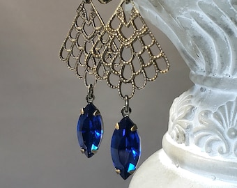 Blue Rhinestone Edwardian Earrings - Edwardian Style Jewelry - 1920s Art Deco Jewelry - Flapper Earrings - Great Gatsby Party