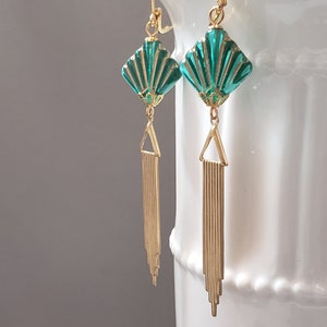 Green Fan Art Deco Earrings 1920s Art Deco Jewelry Flapper Earrings Vintage Style Jewelry 1920s Bride Bild 4