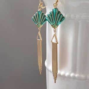 Green Fan Art Deco Earrings 1920s Art Deco Jewelry Flapper Earrings Vintage Style Jewelry 1920s Bride image 1