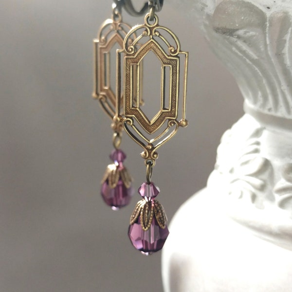 Purple Crystal Earrings - 1920s Art Deco Jewelry - Purple Bridal Earrings - Flapper Jewelry - 1920s Vintage Style