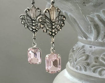 Pink Art Nouveau Earrings - Art Nouveau Silver Jewelry - Gilded Age Earrings - Edwardian Style Jewelry - Vintage Style