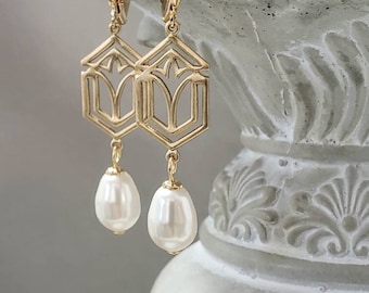 Art Deco Bridal Pearl Earrings - 1920s Art Deco Jewelry - 1920s Bride - Great Gatsby Weddings - Vintage Style Jewelry for Brides