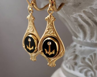 Edwardian Anchor Drop Earrings Victorian Mourning Jewelry