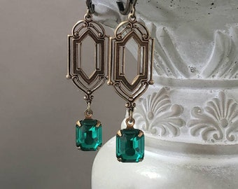 Emerald Green Art Deco Earrings - 1920s Art Deco Jewelry - Vintage Style Crystal Earrings - Flapper Jewelry - 1920s Bride