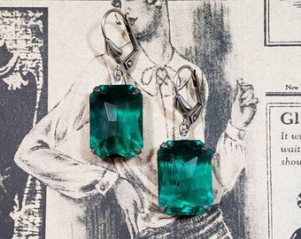 Emerald Green Art Deco Earrings - 1920s Art Deco Jewelry - Estate Style Earrings -  1930s Jewelry - Vintage Style