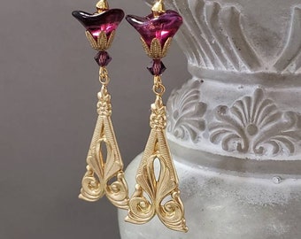 Purple and Gold Art Nouveau Earrings - 1920s Art Deco Jewelry - Edwardian Style Jewelry -  Art Nouveau Flower Earrings