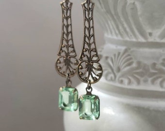 Peridot Green Art Deco Earrings - 1920s Art Deco Jewelry - 1920s Earrings - Edwardian Style Jewelry - Vintage Style