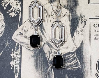 Art Deco Black Rhinestone Earrings - 1920s Art Deco Jewelry - Long Bridal Earrings - 1920s Bride - Great Gatsby Wedding