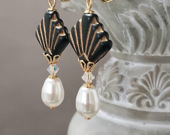 Black and Gold Art Deco Earrings - 1920s Art Deco Jewelry - Great Gatsby Wedding - Vintage Style Jewelry for Bride - 1920s Earrings