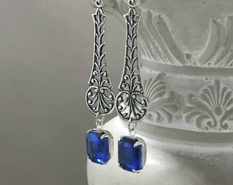 Sapphire Blue Art Deco Earrings - 1920s Art Deco Jewelry - 1920s Earrings - Edwardian Style Jewelry - Great Gatsby Wedding